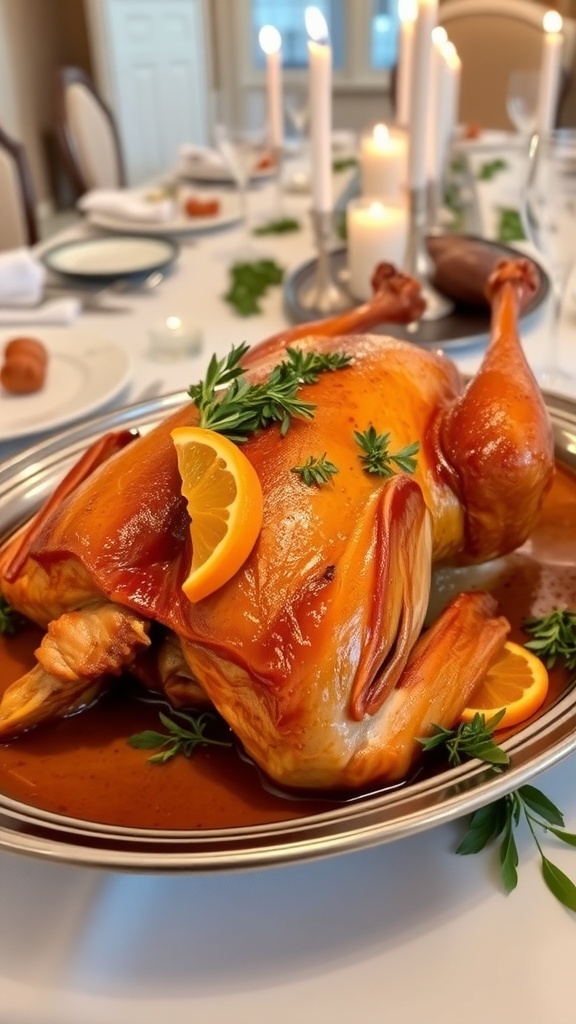 A roasted duck on a platter, garnished with herbs and oranges, set on an elegant dining table.
